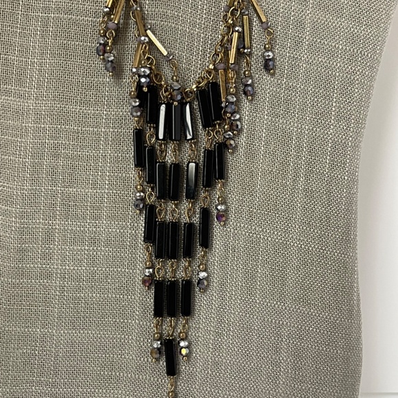 Bib Necklace Black Beads Dangle Drops Rhinestone Crystal Waterfall Bib - Picture 6 of 8